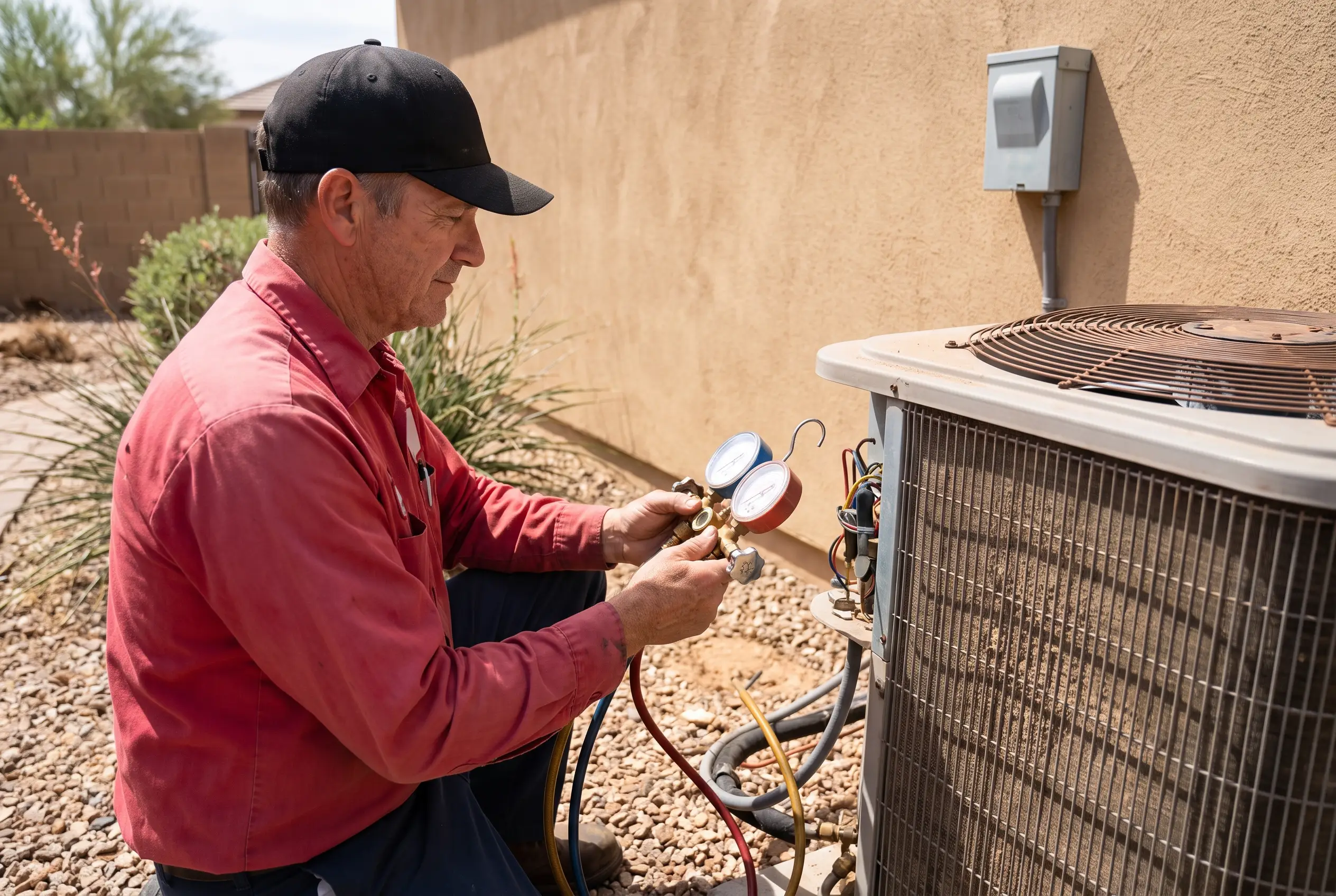 Technician reading refrigerant gauges
