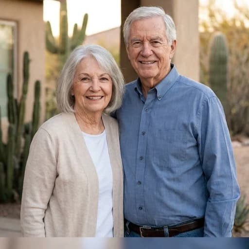 Senior homeowners outside their Tucson home